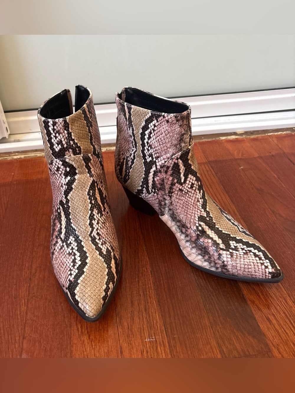 Qupid Snake-Print Ankle Boots in Pink and Tan